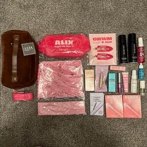 ULTA Brown Cosmetic Bag Pink Benefit with Assorted Beauty Products 20 Piece